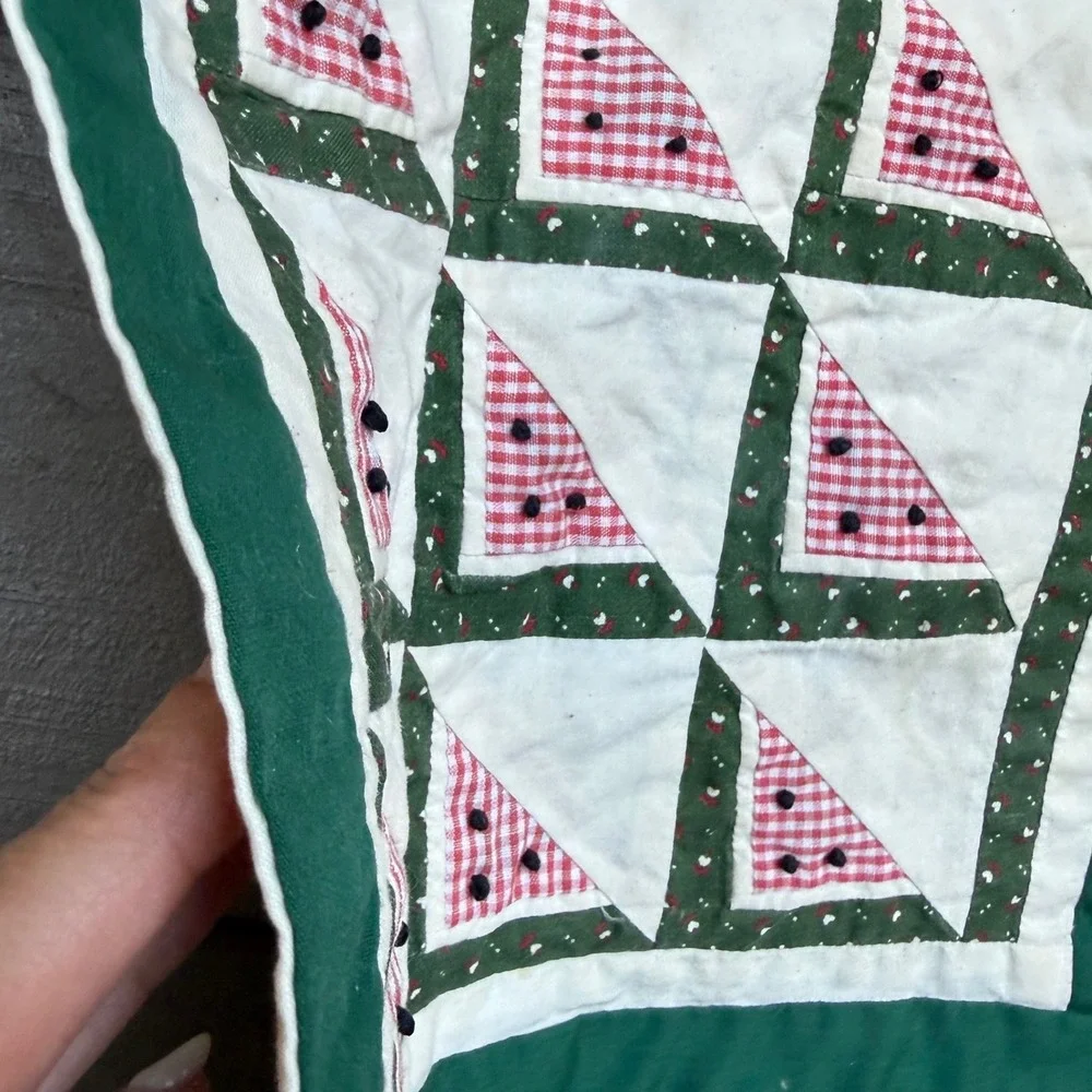 9.a.9 Vtg Handmade Watermelon Quilt Block Mini Quilt Table Mat 11x11 Patchwork